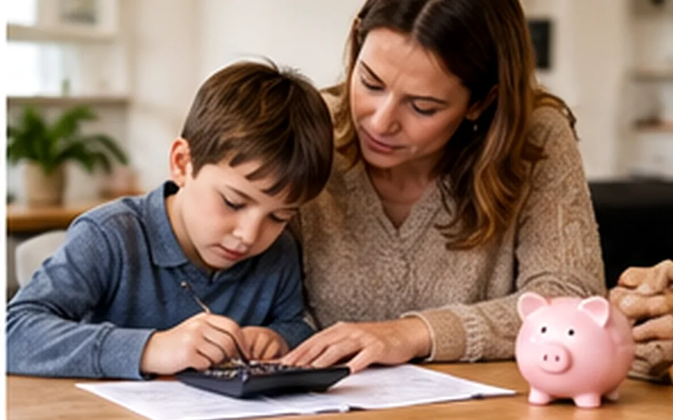 Familia revisando su presupuesto mensual en la mesa de la cocina