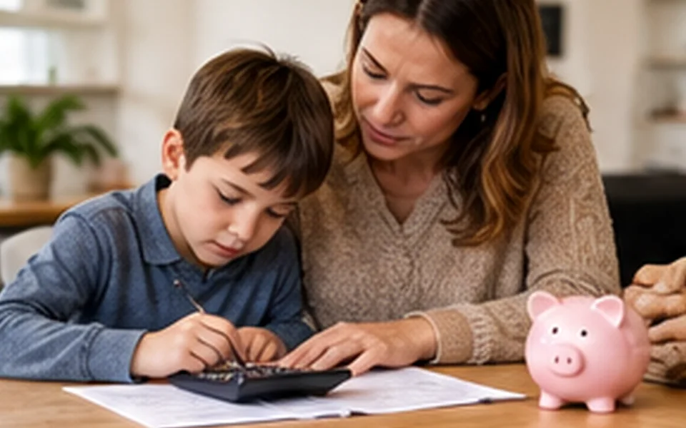 Parent et enfant faisant leurs comptes à la table de la cuisine